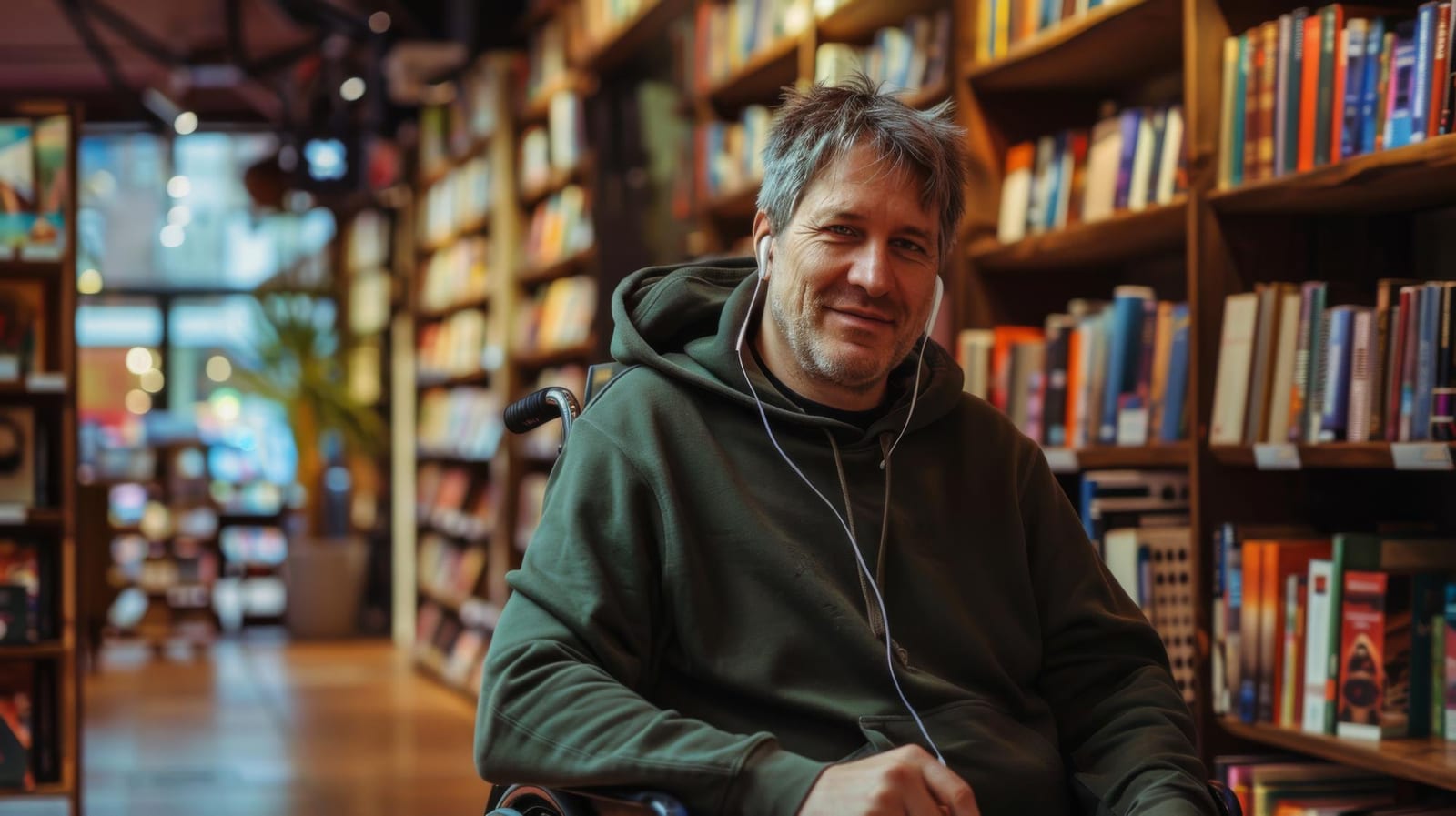 Homem em cadeira de rodas sorri em um corredor de livraria, com estantes coloridas de livros ao fundo.